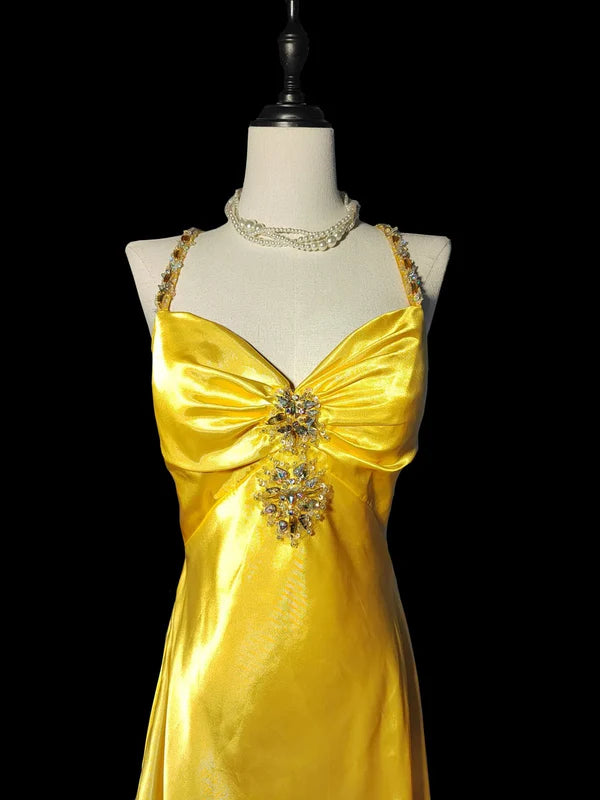 Robe de soirée élégante jaune à col en V et strass, longue sirène, jupe queue de poisson, en satin, longueur au sol, robe de bal, robe de soirée, gh3820