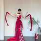 Rot Elegant Zarte Blumen Mode Elegante Lange Satin Tüll Meerjungfrau Slim Fit Bodenlangen Schleppendes Ballkleid Abendkleid Ballkleid gh3733
