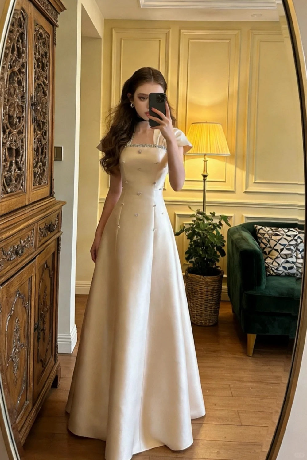 Rosa, perlenbesetztes, langes Satin-Geburtstagskleid im Vintage-Stil, Partykleid, kurzärmeliges Ballkleid, Abendkleid gh7080