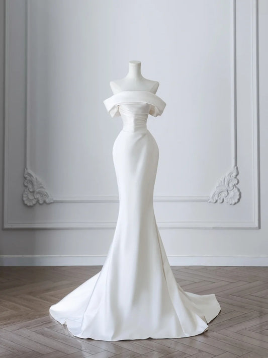 Weißes schlichtes Meerjungfrauen-Brautkleid aus Satin mit langen Ärmeln, Brautkleid, Ballkleid, Abendkleid, gh4828