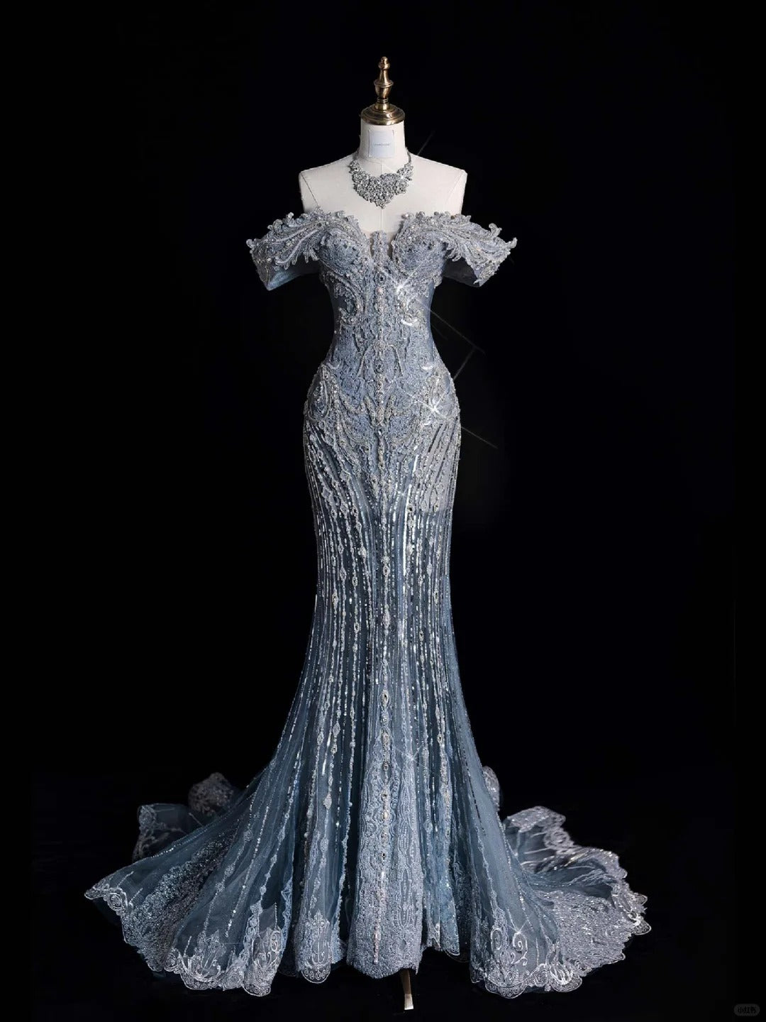 ✨💎Silberblau, luxuriös, Schwerindustrie, funkelnd, wunderschön, elegant, exquisite Perlenbesatz, atemberaubendes langes Meerjungfrauenkleid mit Pailletten, bodenlanges Schleppkleid, Ballkleid, Abendkleid, Hochzeitskleid, gh4114
