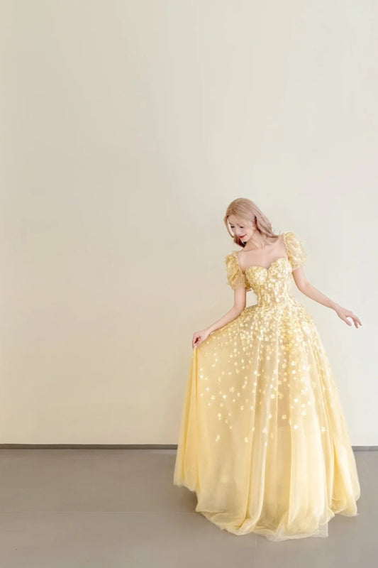 girlhomeshops-Vintage Gänsegelbes Pailletten-Abendkleid mit Puffärmeln im Court-Stil gh6028