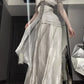 Robe de soirée longue en satin et tulle blanc et gris, robe de bal, robe de remise de diplôme, gh4492