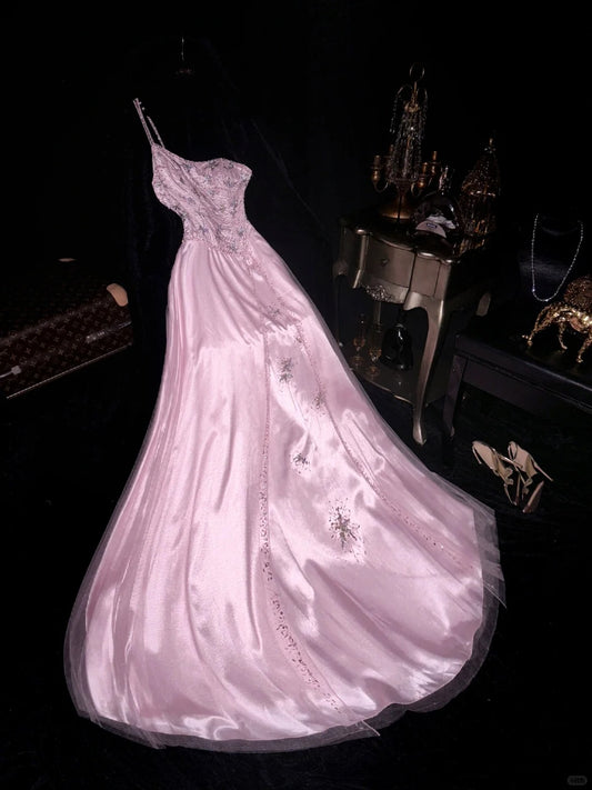 Pink One Shoulder Fashion Sparkling Elegant Beaded Long Tulle Ball Gown Evening Dress  gh4387