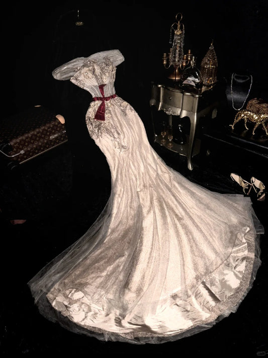 Robe de soirée longue en tulle, perles et paillettes, couleur champagne, gh4424