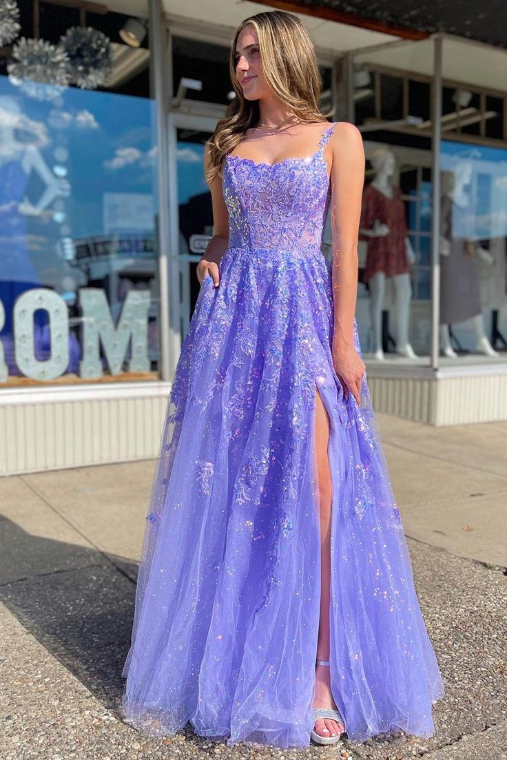 Lavender Tulle Sequin Scoop Neck A-Line Long Dress with Slit gh2963 ...