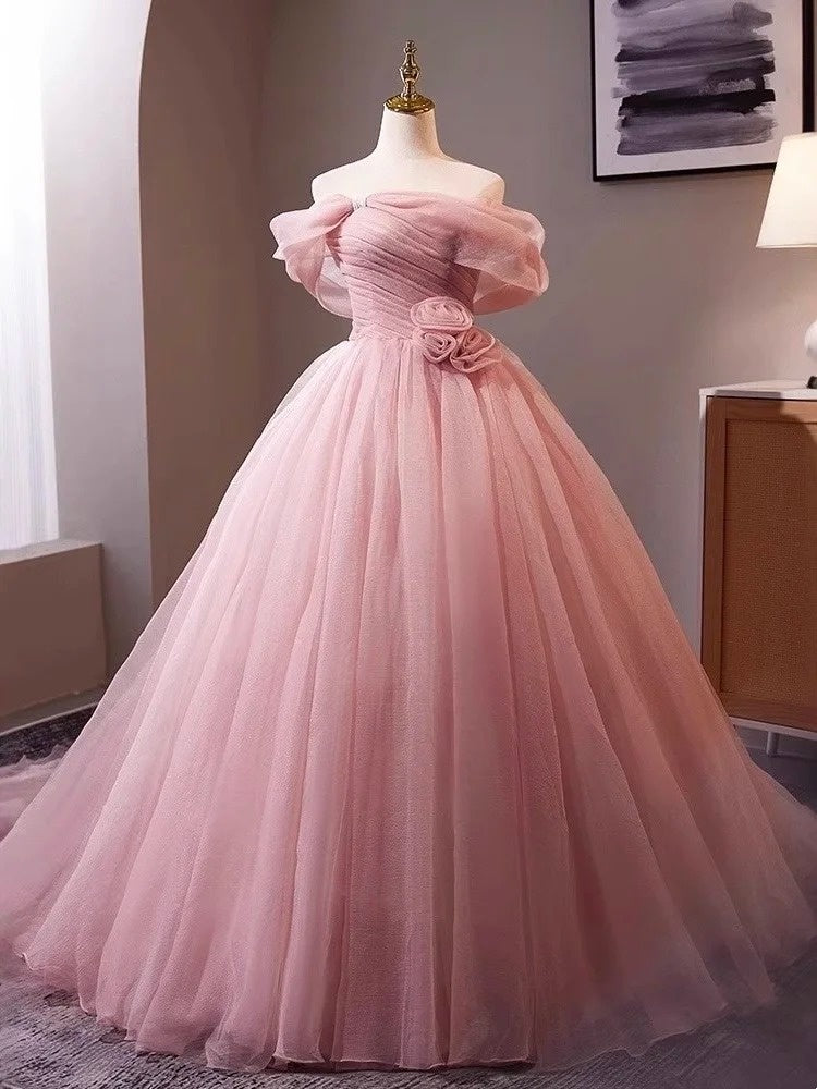 Pink Rose – Schulterfreies 3D-Blumenballkleid mit Tüllschleppe, Prinzessinnenkleid gh7071