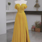 Off-the-Shoulder Ruched Chiffon Gown, Slit Flowy Elegant Dress gh7073