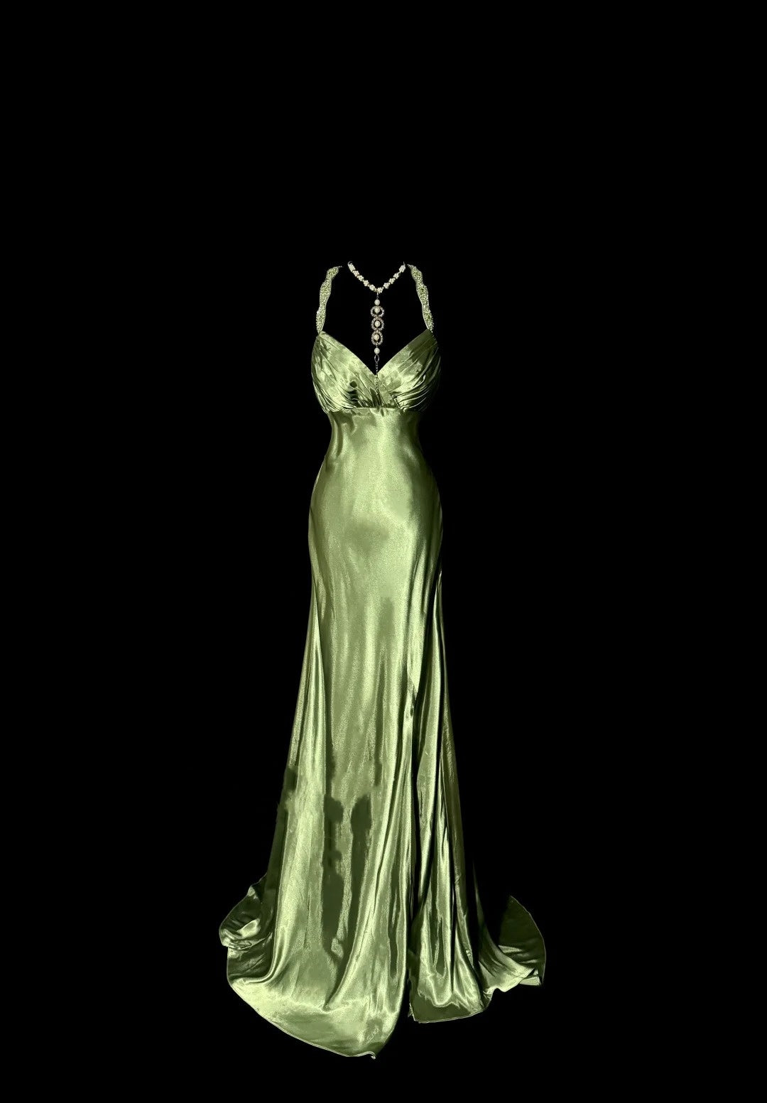 Robe de soirée longue en satin vert rétro, élégante et raffinée, avec bretelles perlées, longueur au sol, robe de bal, robe de remise de diplôme, gh4002