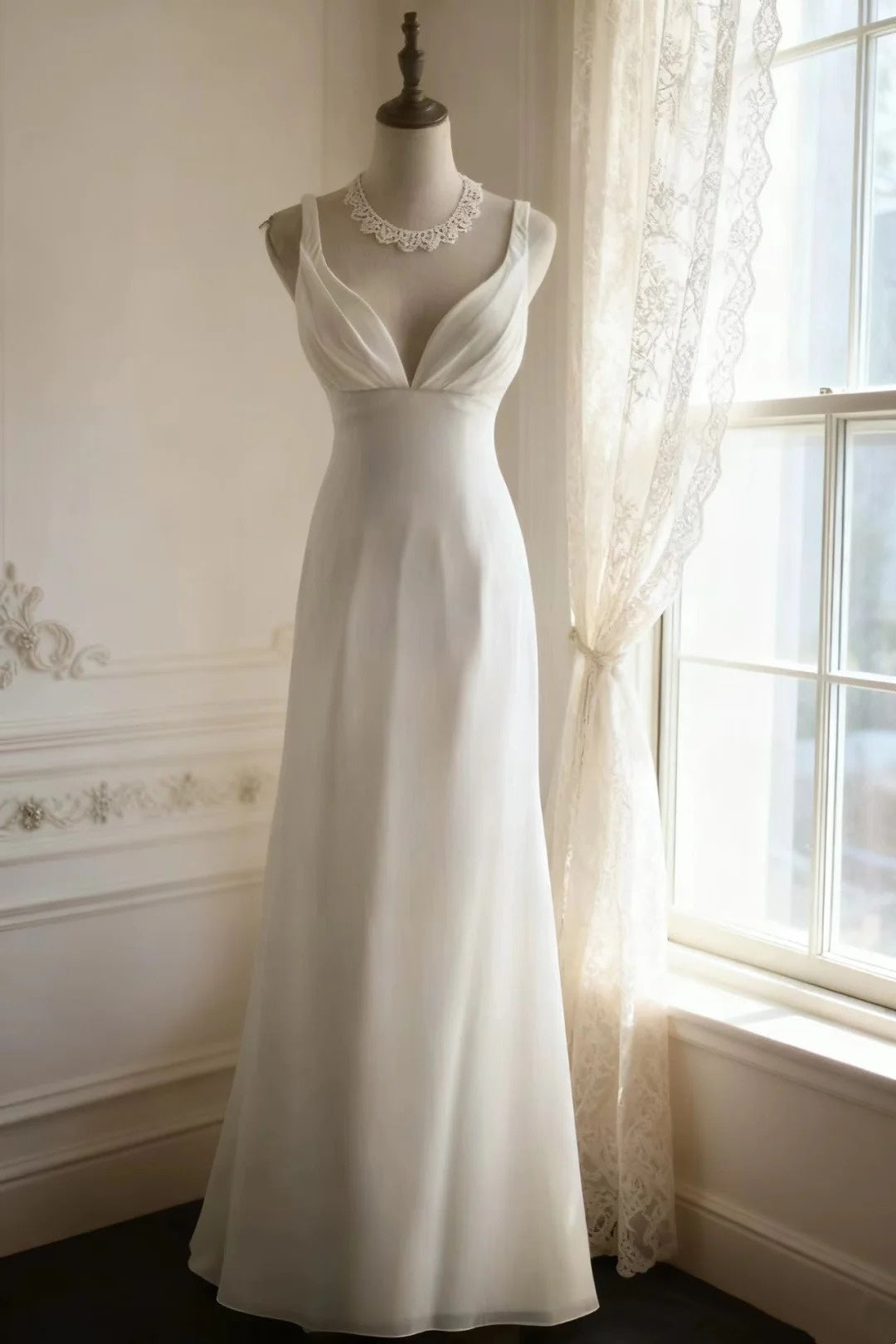 girlhomeshops-Sleeveless White Chiffon Mermaid Wedding Dress, Minimalist Elegant Slim - fitting Floor - length Wedding Gown gh5831
