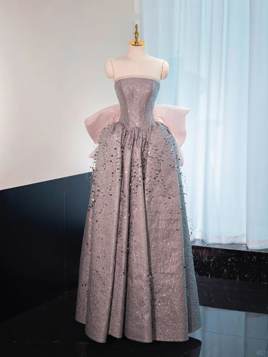 Silber wunderschöne glänzende rosa Schleife lange bodenlange Pailletten Ballkleid Abendkleid Abschlusskleid gh4552