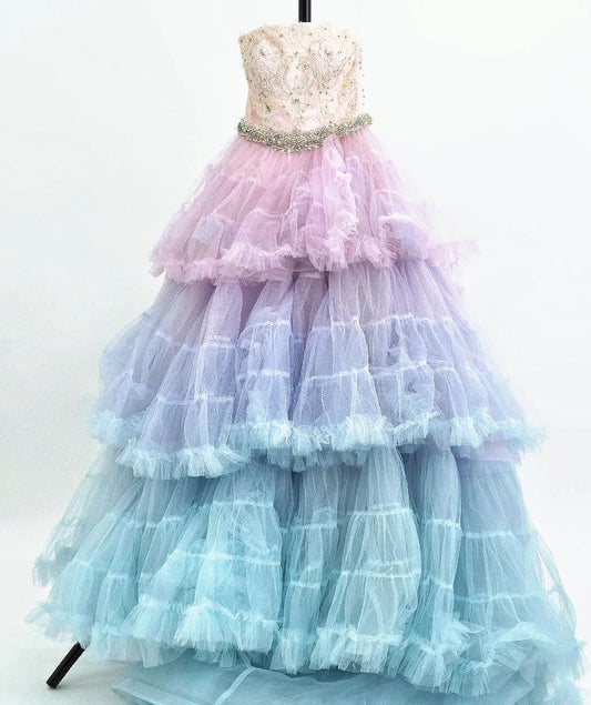 Girlhomeshops-Rosa lila blau bunten modischen Farbverlauf wunderschöne Perlen glänzend elegante lange mehrlagige Tüll Ballkleid gh5321