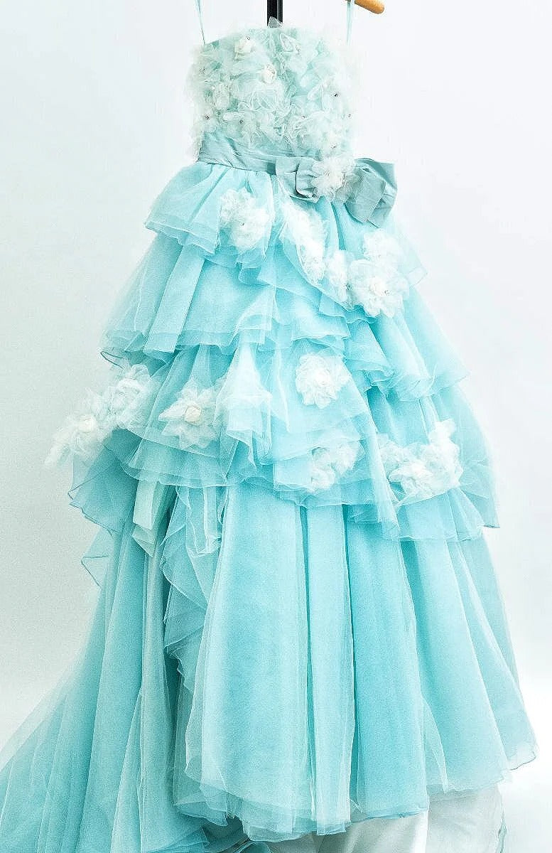 Girlhomeshops - Blau/Rosa Blumenmuster, modisch, wunderschön, elegant, lang, gestuftes Tüll-Ballkleid gh5323