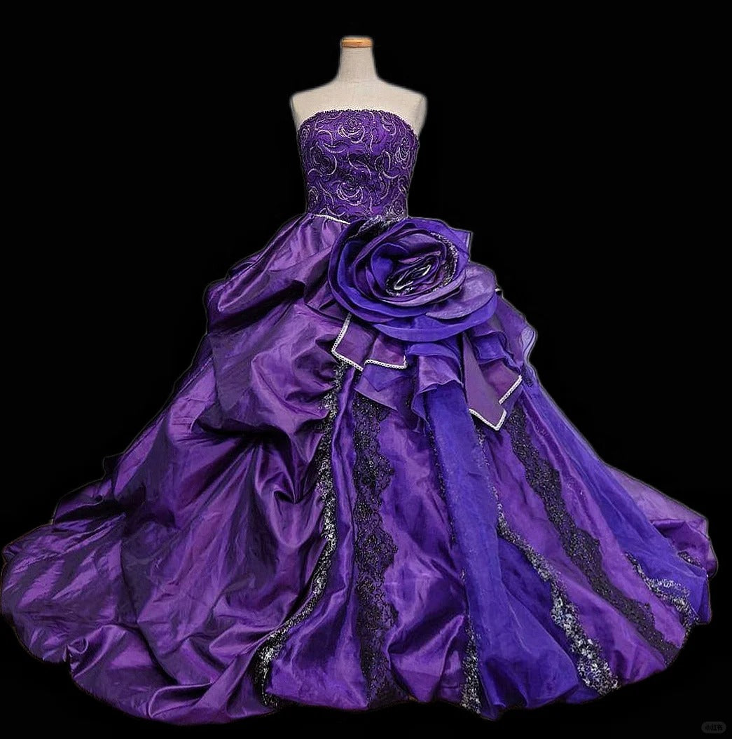 Girlhomeshops - Lila florales, mit Perlen verziertes, modisches, wunderschönes, elegantes, langes Tüll-Ballkleid gh5324