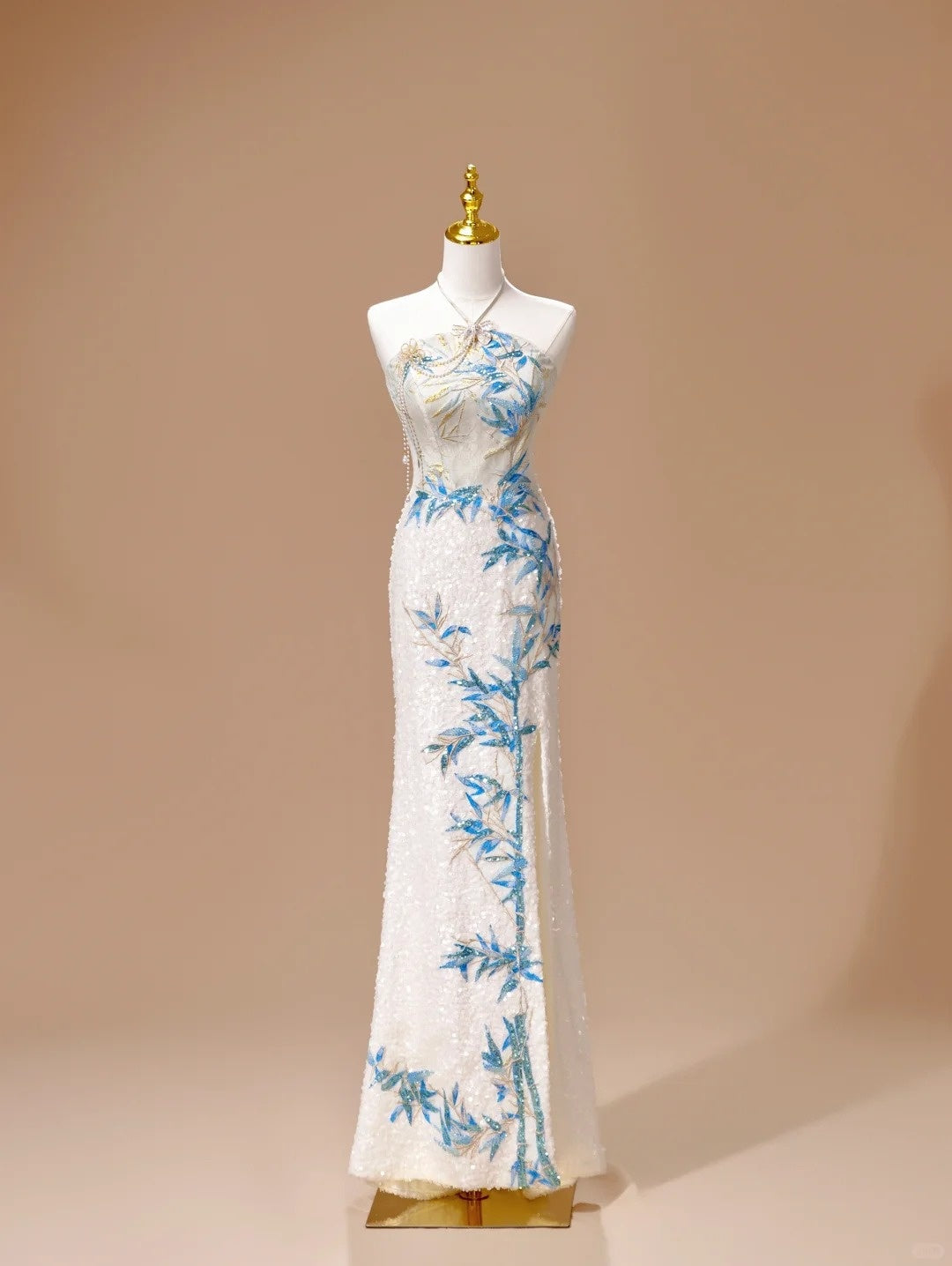Robe de soirée longue blanche luxueuse, magnifique, brillante, unique, élégante, exquise, florale, perles de bambou, paillettes, bretelles, robe de bal, robe de réception de mariage, robe de bal gh4026
