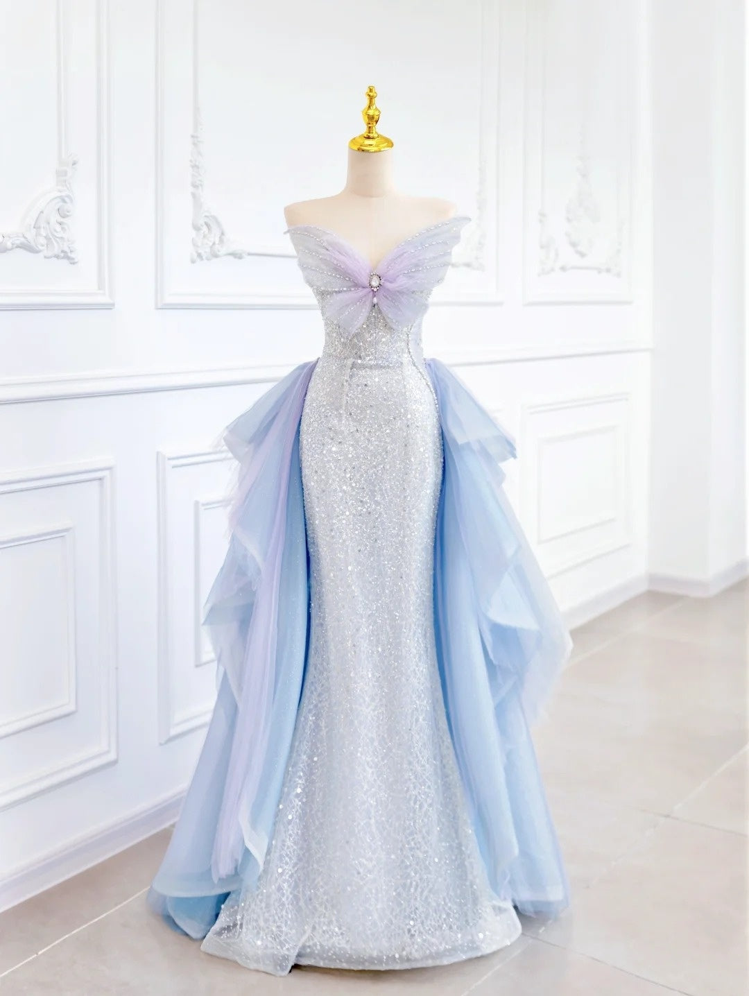 🦋Blauer Schmetterling, wunderschön glänzend, elegant, mit Pailletten besetzt, langes Meerjungfrau-Ballkleid aus Tüll, gh4272