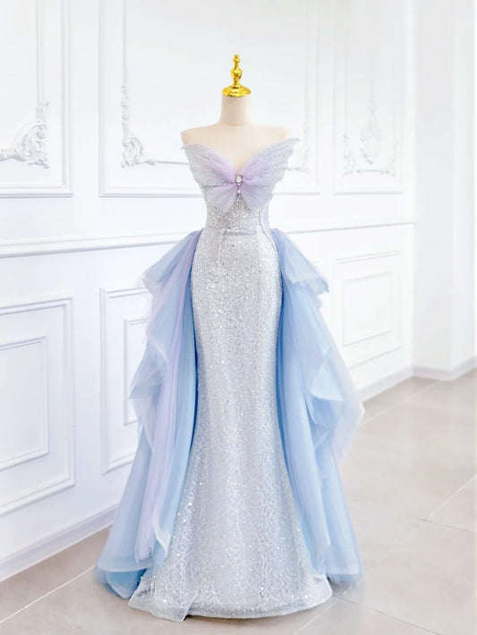 🦋Blauer Schmetterling, wunderschön glänzend, elegant, mit Pailletten besetzt, langes Meerjungfrau-Ballkleid aus Tüll, gh4272