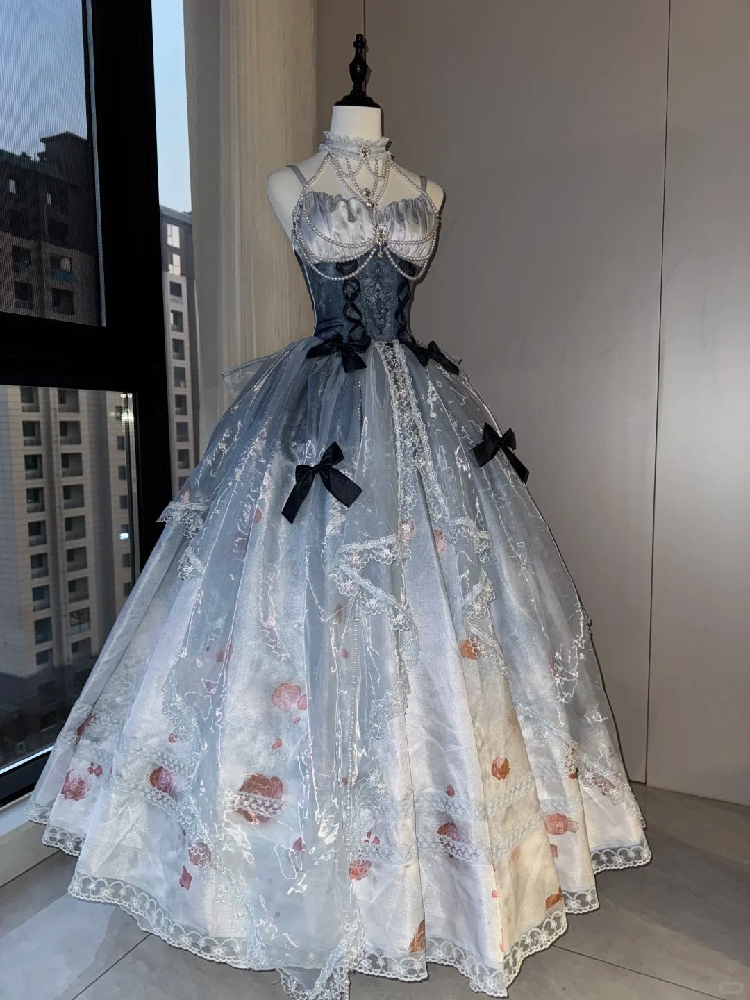 Girlhomeshops - Grau Blau Fantasie Blumen Lange Tüll Ballkleid Quinceanera Kleider gh5052