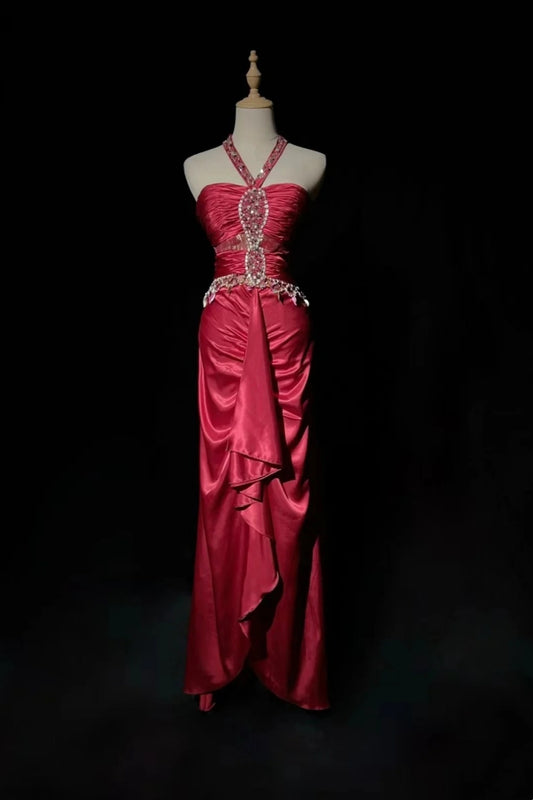 girlhomeshops-Pinkes, zartes, perlenbesetztes, langes Satin-Abendkleid gh6241
