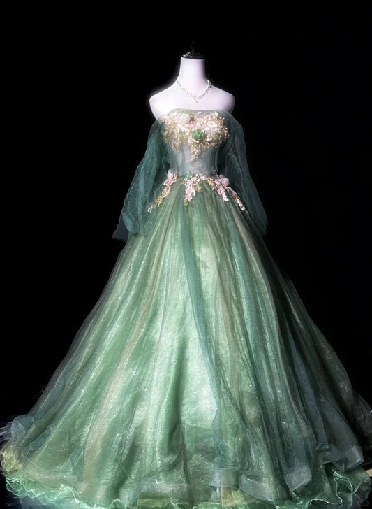 Grünes, zart geblümtes, langes Tüll-Ballkleid, Abendkleid, Abschlusskleid, Zeremoniekleid für Erwachsene, gh4251