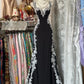 Girlhomeshops - Robe longue fantaisie d'anniversaire style rétro psychédélique en tulle noir et dentelle blanche à bretelles spaghetti gh5883