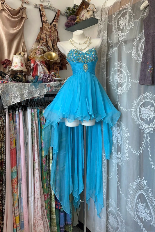 girlhomeshops-Blue sweetheart neckline short chiffon dress dress gh6127