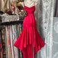 Robe de soirée sirène rouge longue en satin à bretelles spaghetti, magnifique robe de bal gh4394