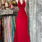 Girlhomeshops - Robe de bal longue en mousseline de soie, dos nu, style rétro, bretelles rouges, robe de fête d'anniversaire, gh5433