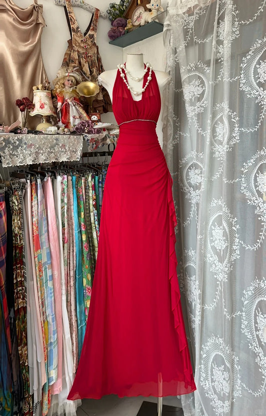 Girlhomeshops-Red suspenders fashion backless retro long chiffon prom dress birthday party dress gh5433