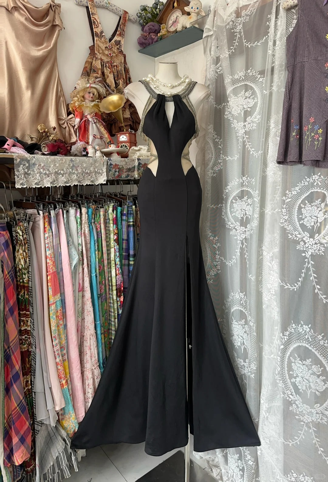 Robe de soirée sirène noire, longue et sexy, en satin, ajourée, gh4395