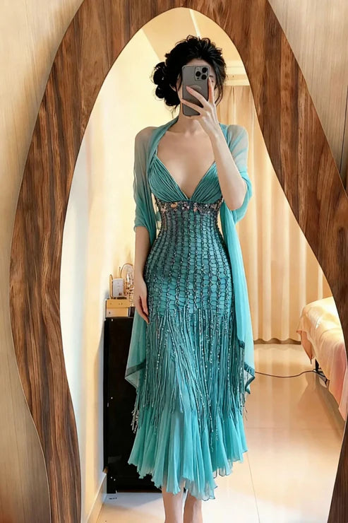 Grün Luxus Wunderschöne Retro Mode Exquisite Quaste Perlen Midi-Länge Chiffon Ballkleid Geburtstag Party Kleid Abendkleid Ballkleid gh3973