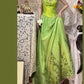 Robe de soirée longue en satin et tulle, style vintage, verte, exquise, perlée, motif floral, gh4433