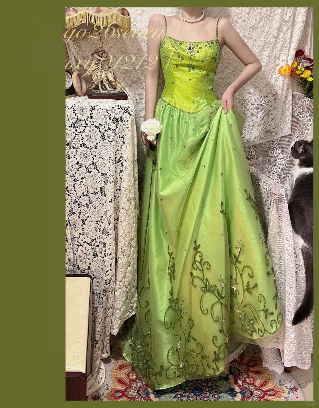 Robe de soirée longue en satin et tulle, style vintage, verte, exquise, perlée, motif floral, gh4433