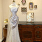 Rosa Weiß Elegante Blumen Lange Bodenlangen Satin Tüll Ballkleid Abendkleid Partykleid Brautkleid gh4190