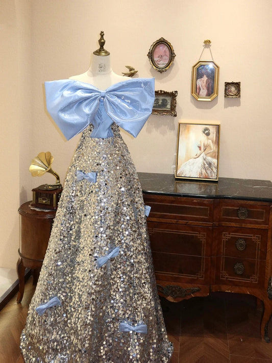 Blaues glänzendes silbernes süßes, süßes langes Pailletten-Ballkleid, Abendkleid, Abschlussballkleid, Geburtstagskleid, gh4243