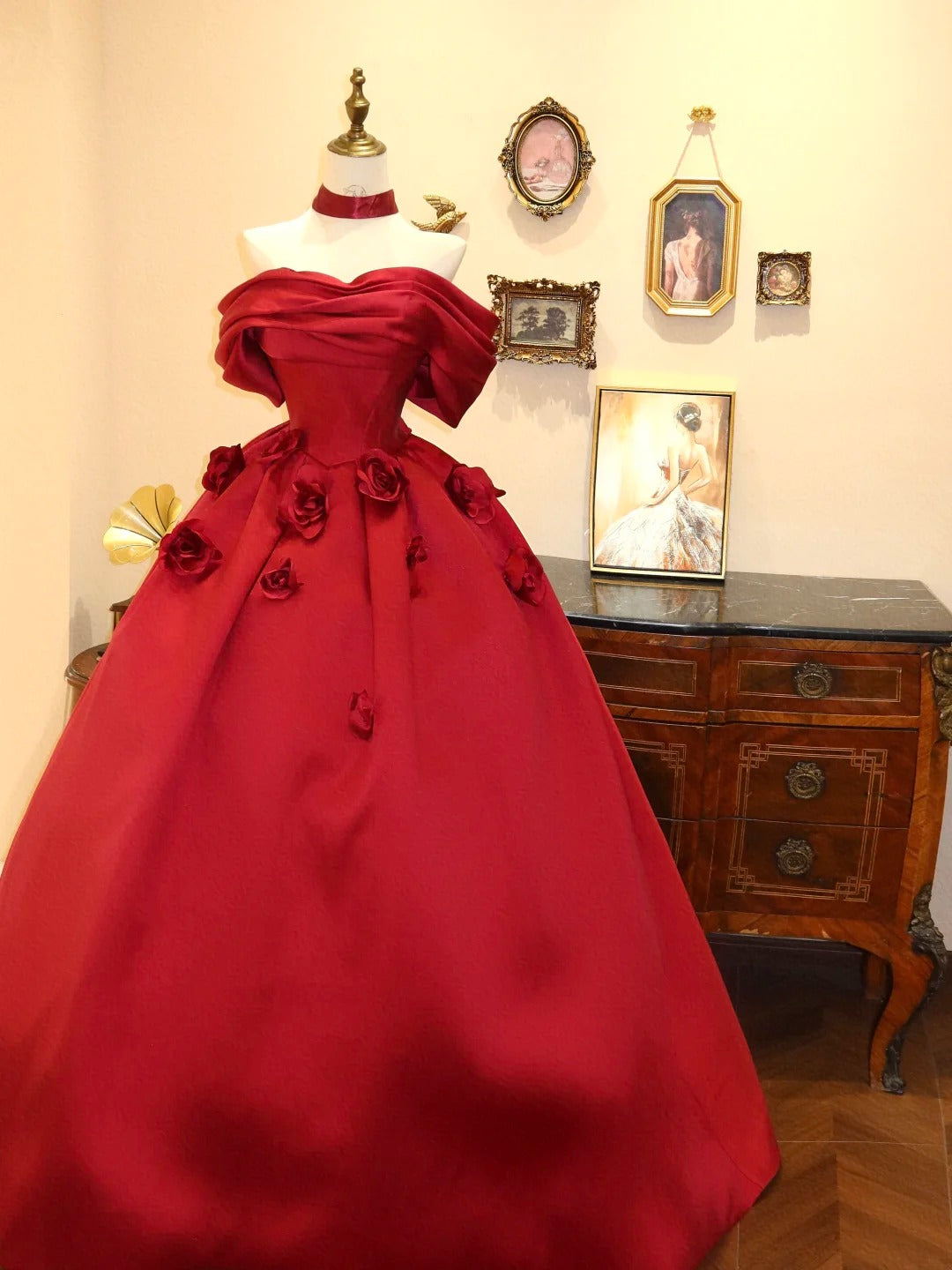 Rotes, elegantes, florales langes Satin-Ballkleid, Abendkleid, Abschlusskleid, Brautkleid, Geburtstagskleid, gh4241