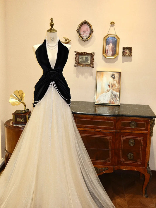 Robe de soirée longue en tulle, élégante et à la mode, avec col en V et perles noires et blanches, gh4240