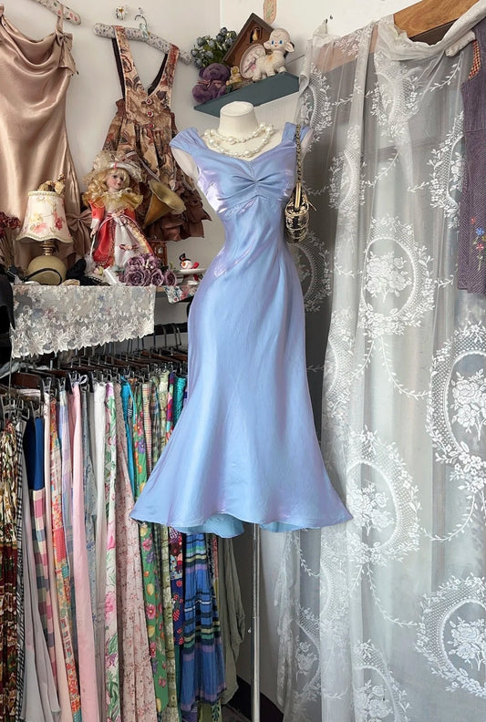 Vintage Blue-Purple Mermaid -  Iridescent Satin Mermaid Dress, Vintage Girl Gown. gh7087