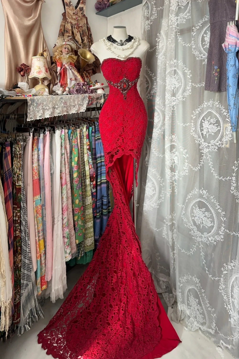 Robe de soirée longue sirène en dentelle rouge exquise gh6684