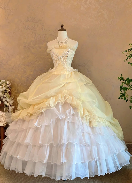 girlhomeshops-Gelb-Weißes, trägerloses, mit Strasssteinen verziertes, bodenlanges Abendkleid im Court-Stil aus Tüll mit Farbverlauf gh6368
