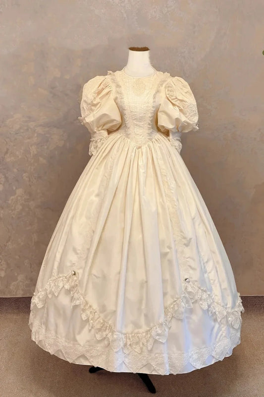 girlhomeshops-Wedding Dress Cream Satin Puff-Sleeve Lace-Embellished Floor-Length Victorian-Style Gown gh6369