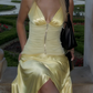 Bright Yellow Spaghetti Strap Gown - V-Neck Beaded Slit Vacation/Date/Light Evening Maxi Dress gh6994
