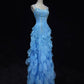 Robe de soirée sirène longue et élégante, bleu, brillante, élégante, en tulle perlé coloré, robe de bal, robe de soirée, robe de bal, légende de la mer bleue gh3850