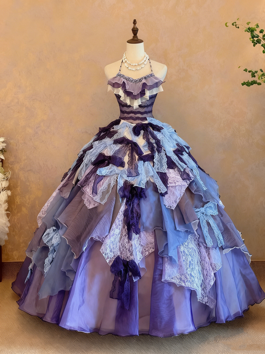 girlhomeshops-Lila-Blaues Farbverlauf-Tüll-Halter-Ausschnitt-Spitzenschleifen-verziertes bodenlanges Kleid im Court-Stil gh6366