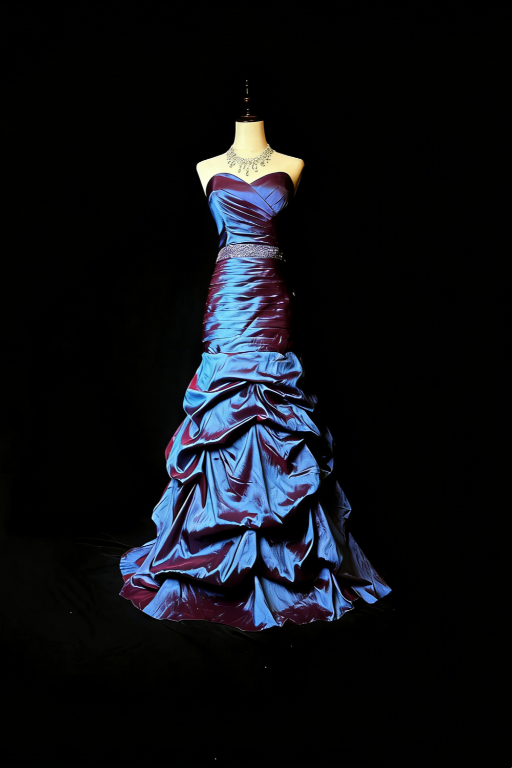 Iridescent Purple-Blue Strapless Ruched Mermaid Gown with Crystal Beaded Waistband gh7097