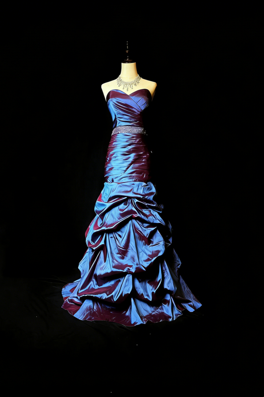 Iridescent Purple-Blue Strapless Ruched Mermaid Gown with Crystal Beaded Waistband gh7097