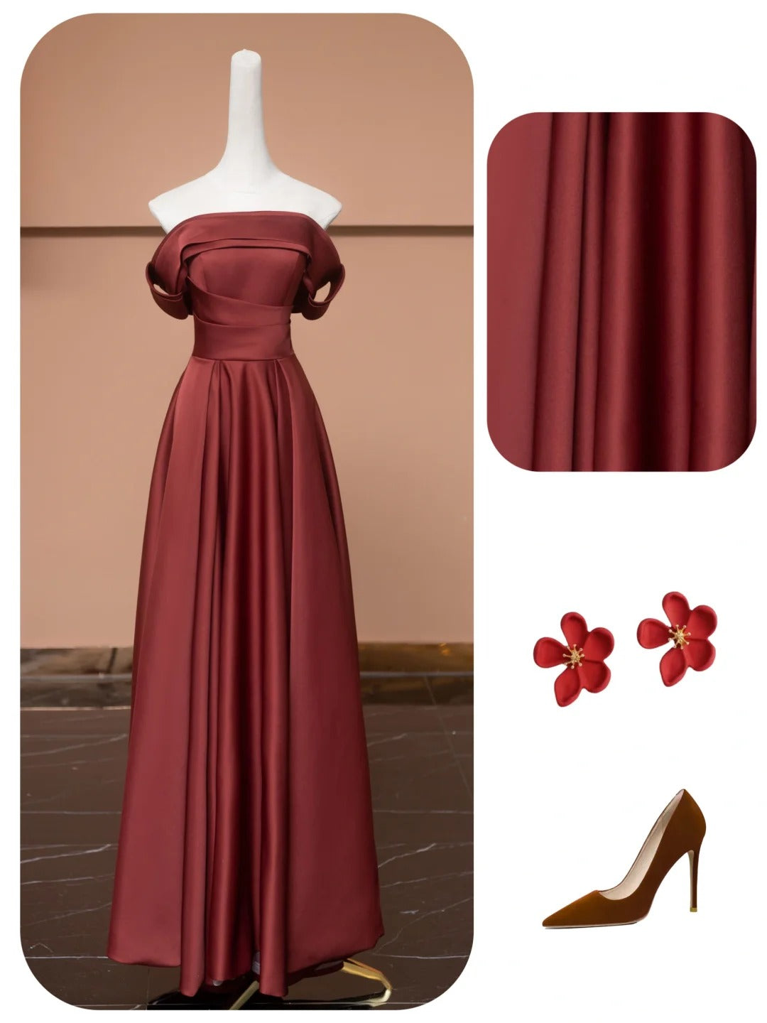 Robe de soirée longue en satin marron et rouge, élégante et tendance, gh4874