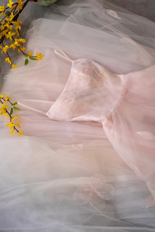 girlhomeshops- Vintage Pink Tulle 3D Floral Spaghetti Strap Long Forest-Style Evening Gown gh6094