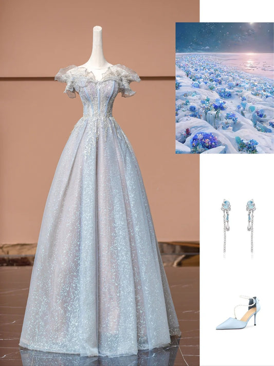 Robe de soirée longue en satin et tulle bleu scintillant, élégante, à la mode, gh4868