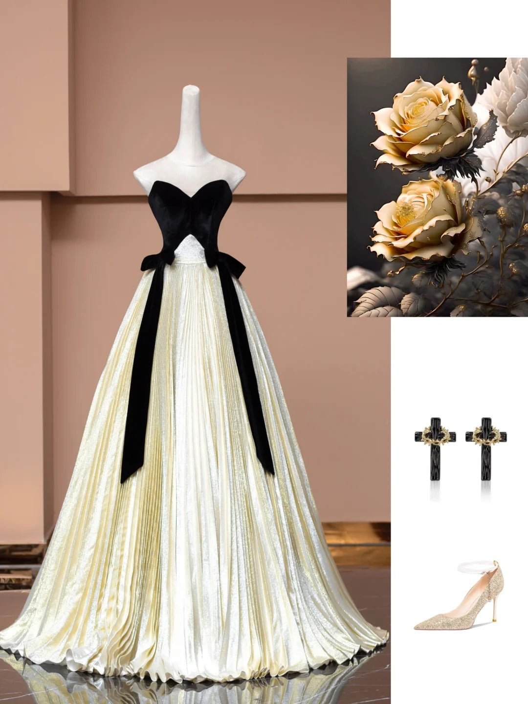 Robe de soirée longue en satin et velours noir, élégante et stylée, gh4872